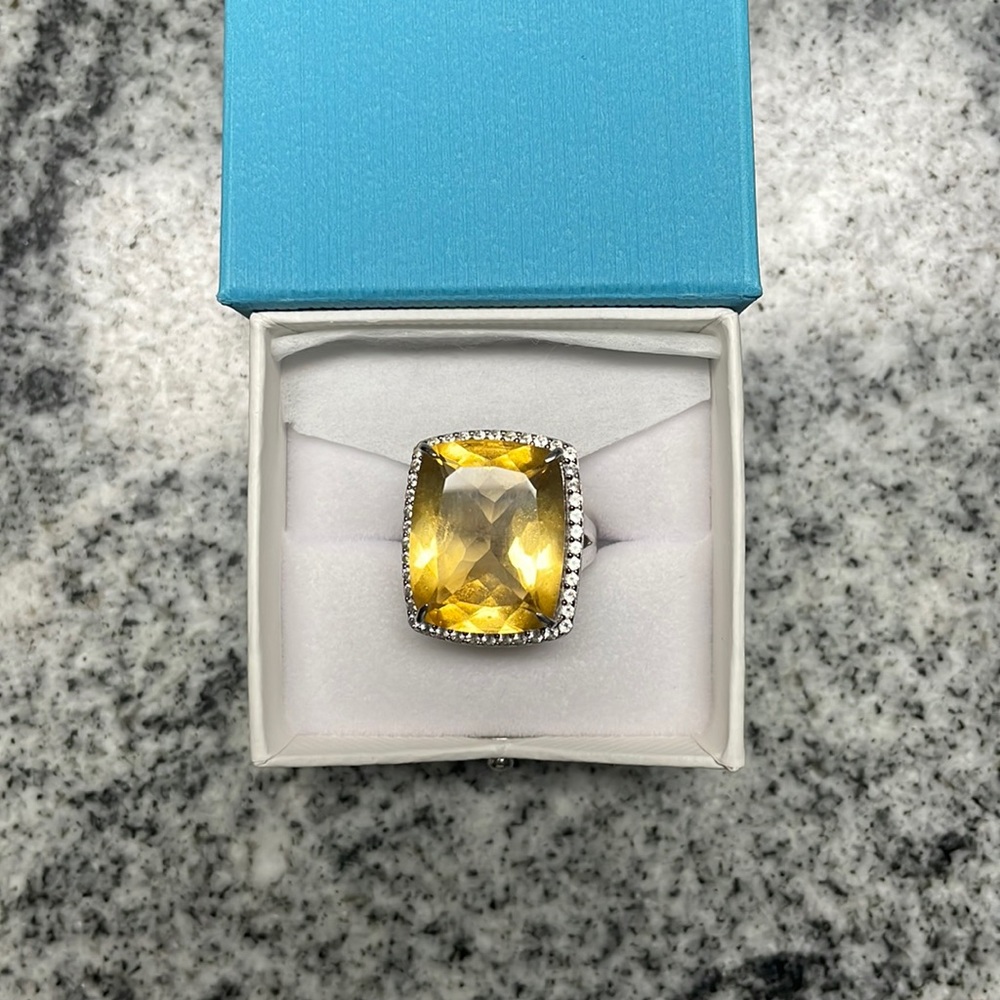 NATURAL 25.00 CT GOLDEN CITRINE & WHITE TOPAZ RING size 6.5 - Sterling Silver